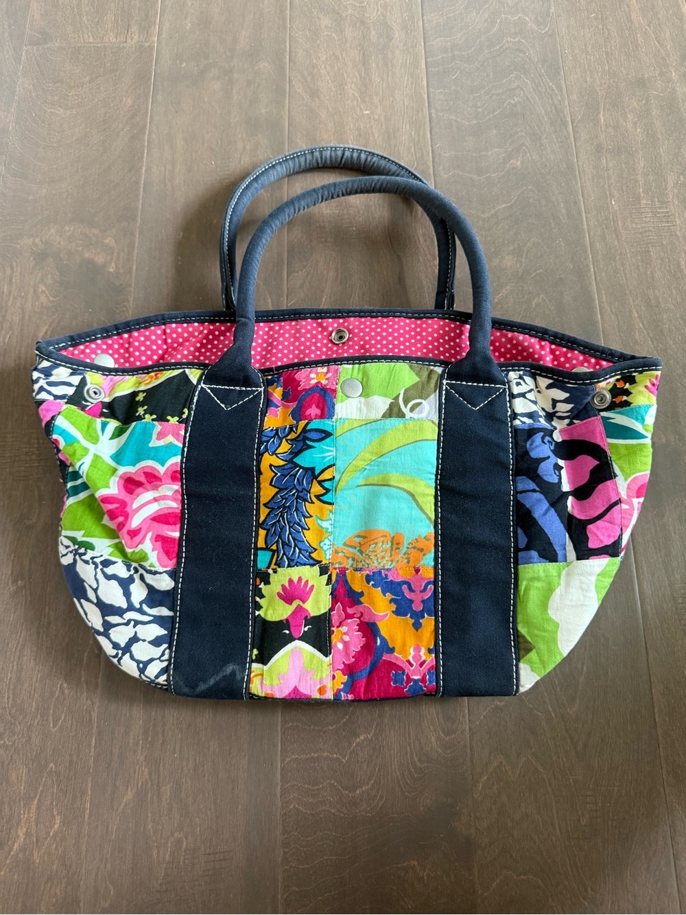 J Crew Patchwork Polka Dot Floral Canvas Tote Bag Purse - Multicolor